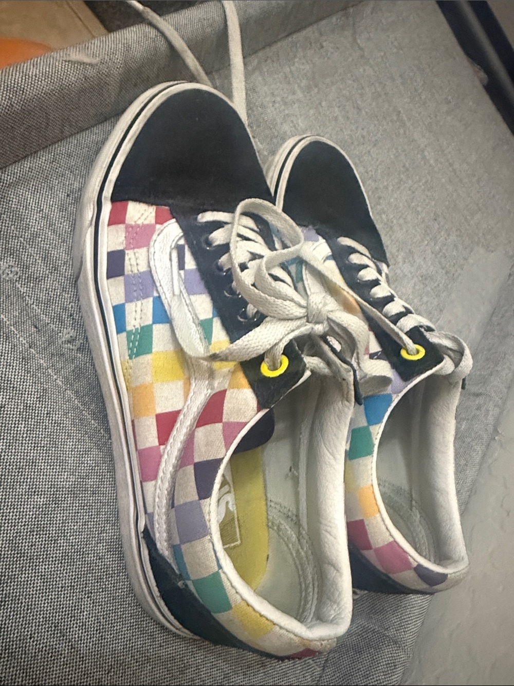 Vans Checkerboard Low-Top Sneakers in Black with Rainbow Squares